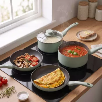 Zestaw patelni Progress BW14255G Neutrals 5-częściowy – kute aluminium, kamienny efekt nieprzywierający, kompatybilny z indukcją