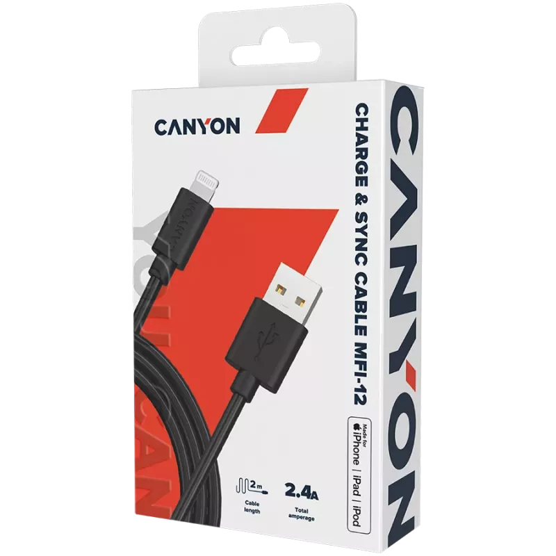 CANYON MFI-12 USB-A to Lightning Cable 2m Black