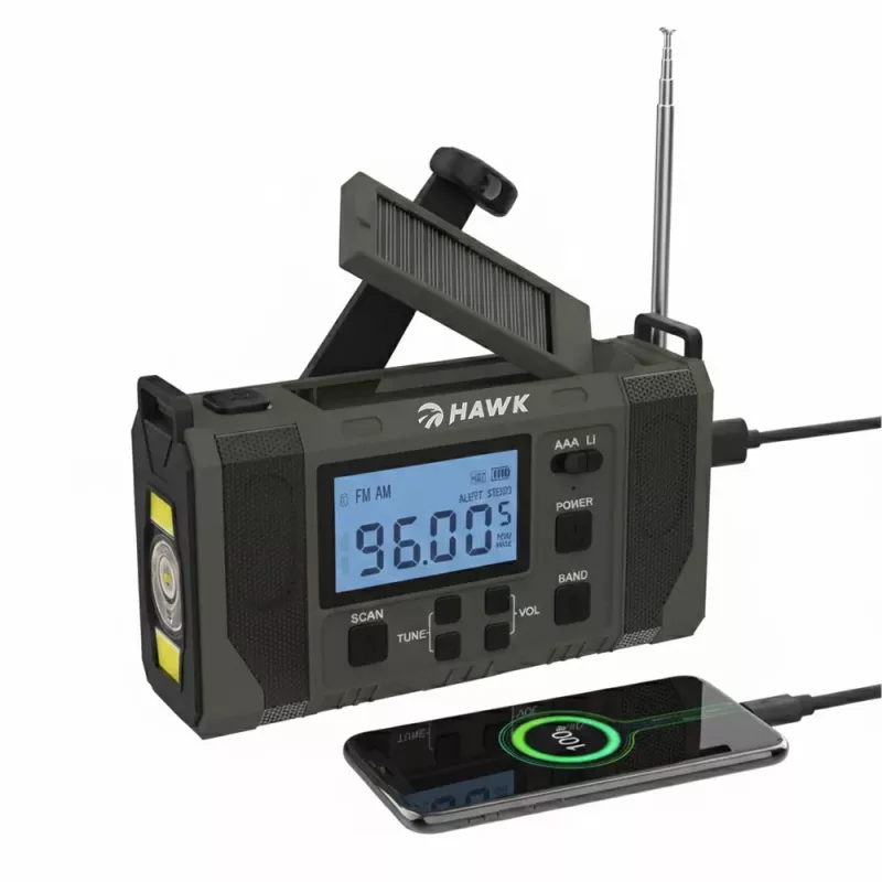 Hawk HWRDI420GN Emergency Weather Radio z panelem słonecznym, dynamem, latarką, AM/FM/SW, zielony