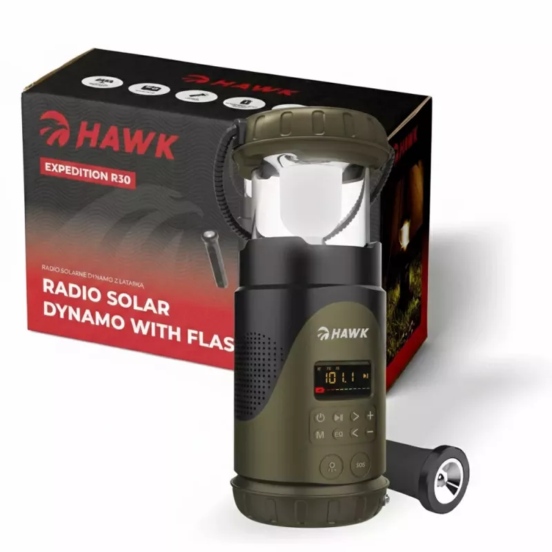 Hawk HWRDI430GN Radio Solar Dynamo z Latarką