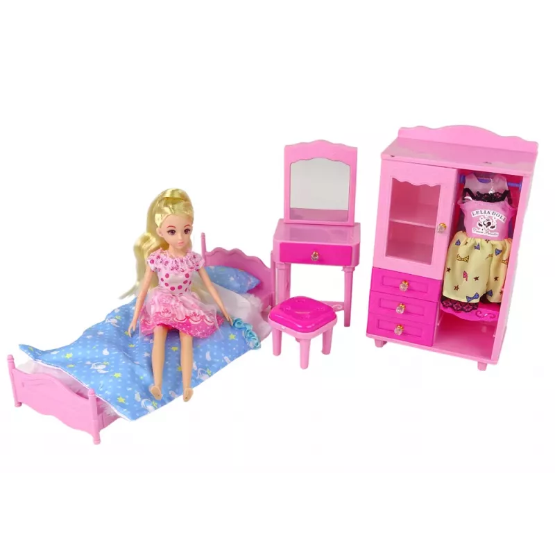 LEAN TOYS Zestaw mebli dla lalek Łóżko Szafa Toaletka dla lalek modowych 29-30 cm, Różowy, 3 elementy