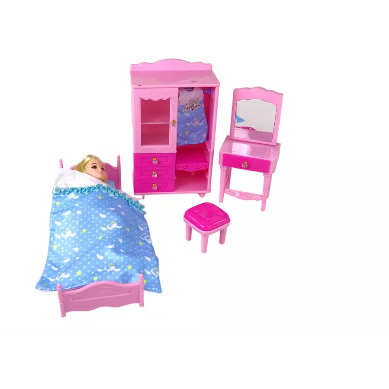 LEAN TOYS Zestaw mebli dla lalek Łóżko Szafa Toaletka dla lalek modowych 29-30 cm, Różowy, 3 elementy