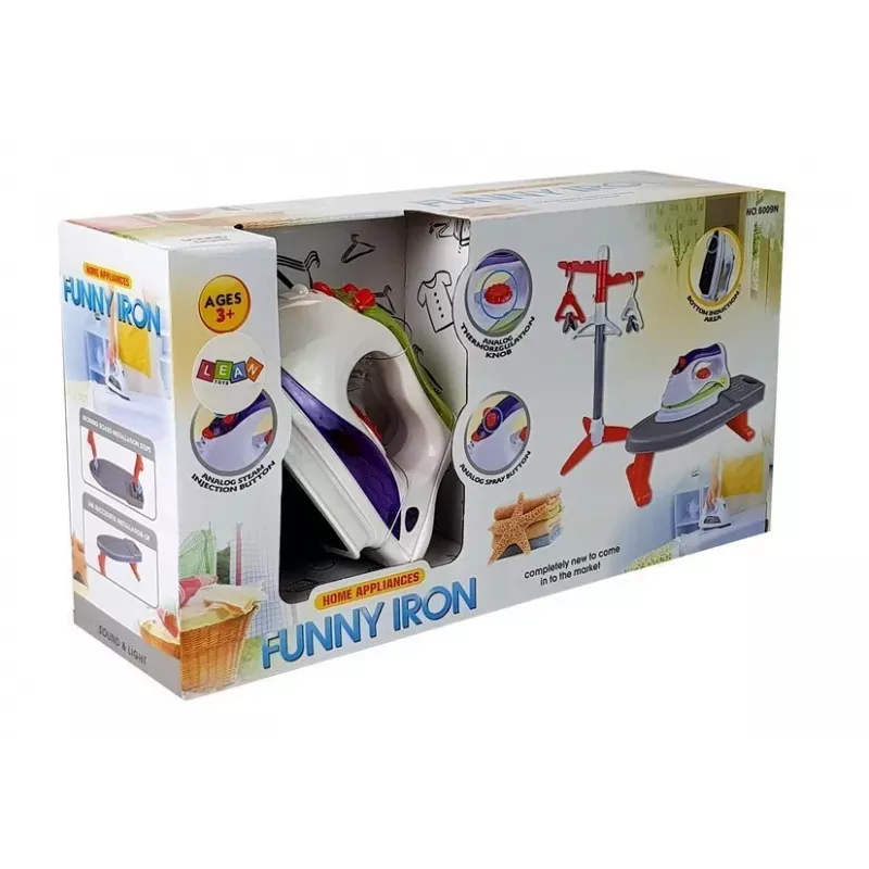 LEAN TOYS Żelazko na Baterie ze Stojakiem i Wieszakami - Zestaw do Prasowania dla Dzieci z Efektami Świetlnymi i Dźwiękowymi