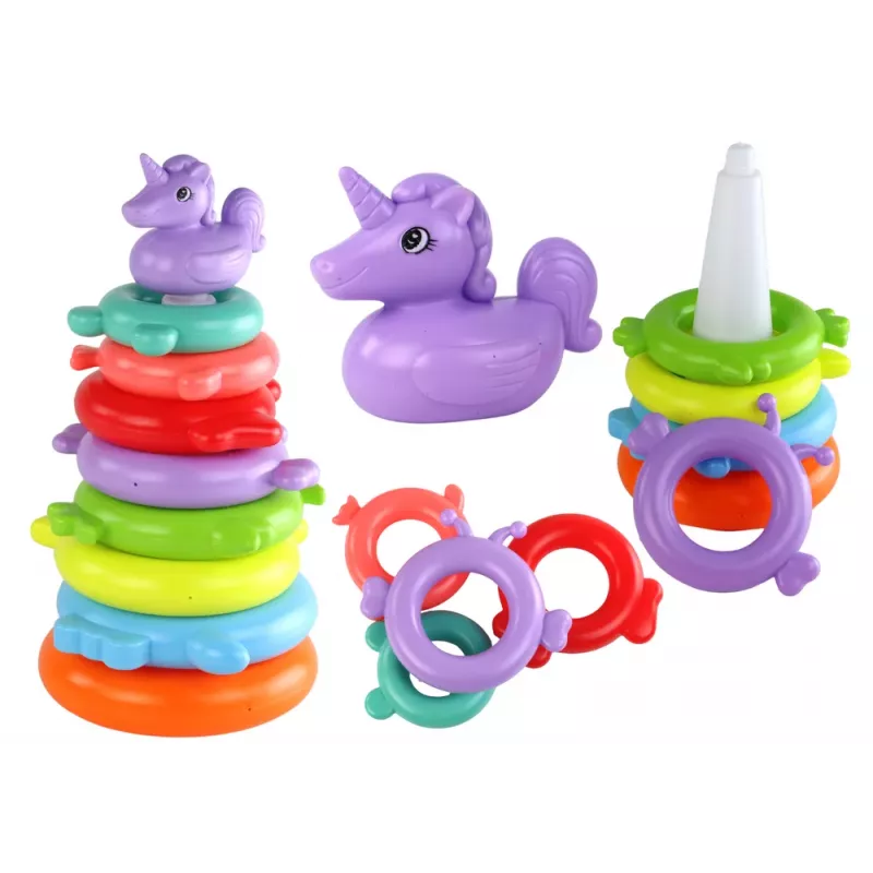 LEAN TOYS Piramida Jednorożec Puzzle 8 Kółek Kolorowe 29cm x 14cm x 14cm