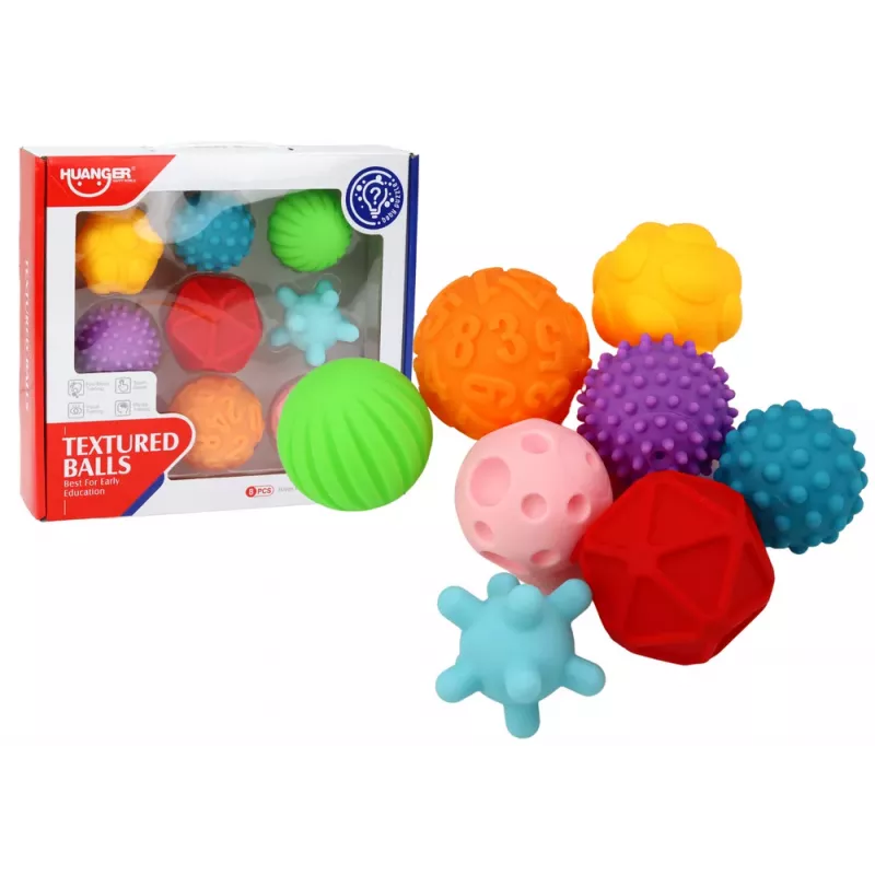 LEAN TOYS Zestaw piłek sensorycznych o różnych fakturach, 8 kolorowych sztuk