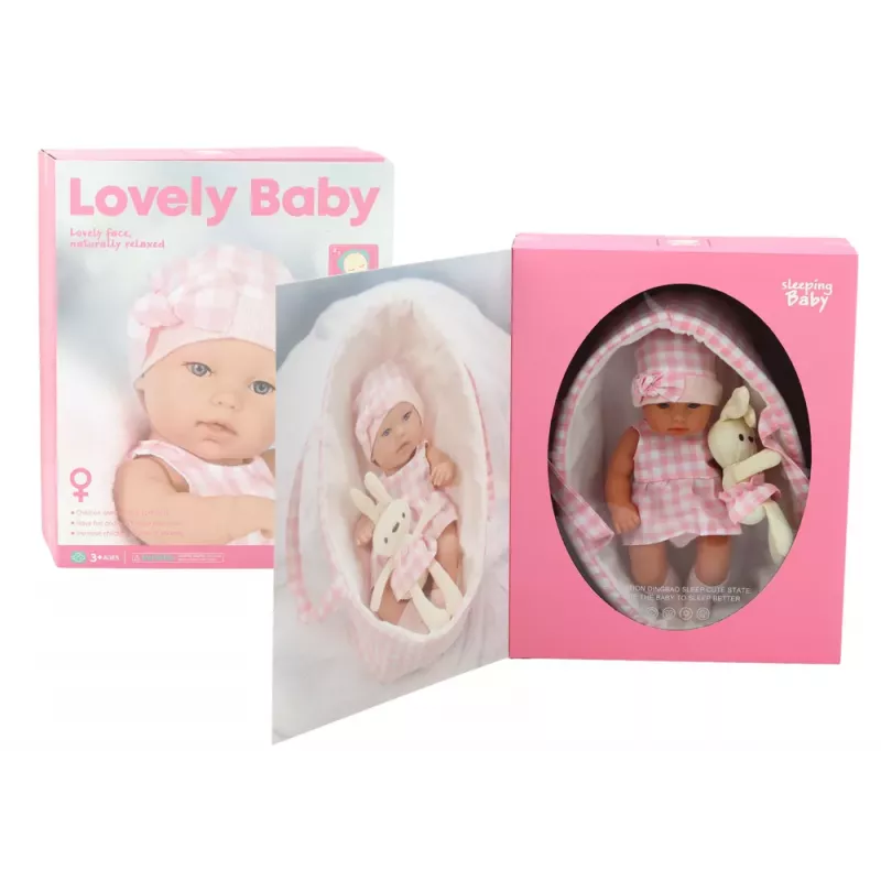 LEAN TOYS Lalka w Króliczym Nosidełku w Różowym Kraciastym Stroju