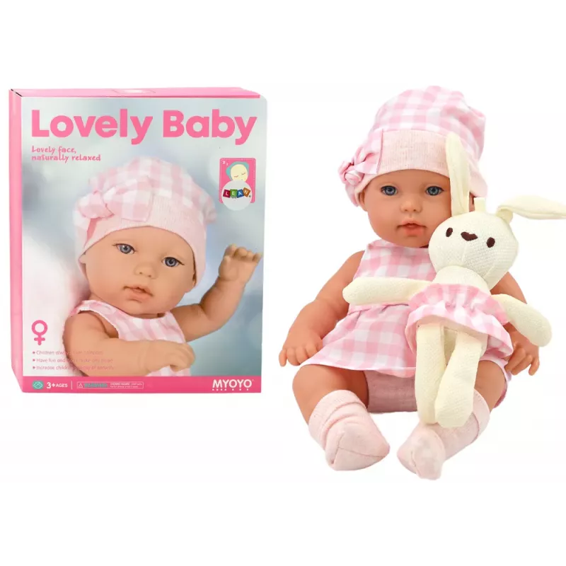 LEAN TOYS Lalka w Króliczym Nosidełku w Różowym Kraciastym Stroju