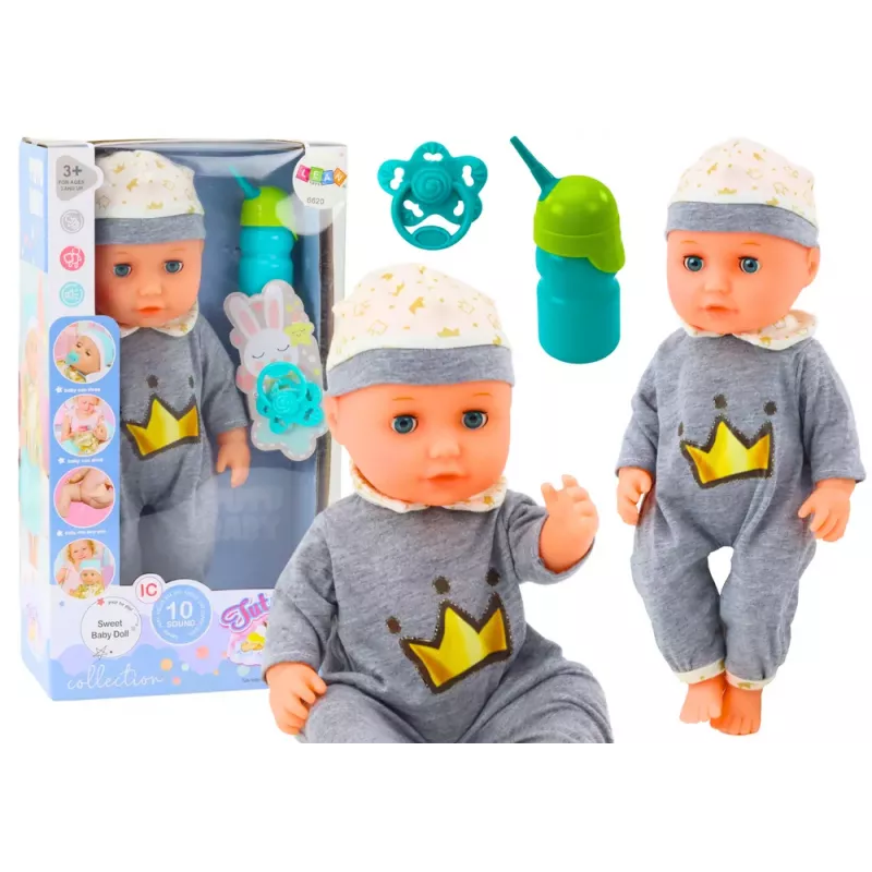 LEAN TOYS Lalka Bobas w Szarej Piżamie Sikająca Butelka Smoczek Dźwięki