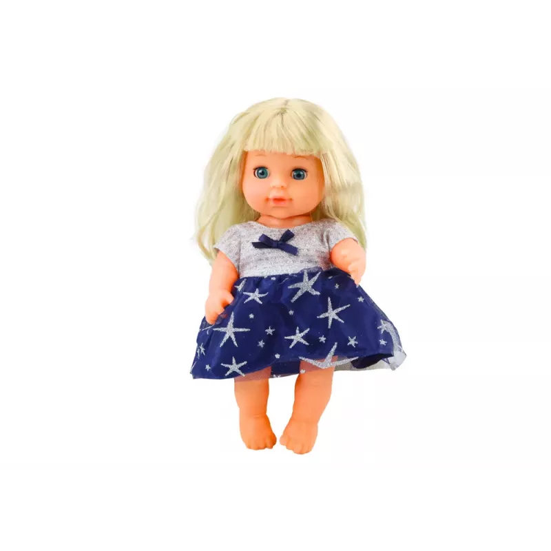 LALKA LEAN TOYS W GRANATOWEJ SUKIENCE Z FUNKCJĄ SIUSIANIA, BUTELKĄ I GRZECHOTKĄ