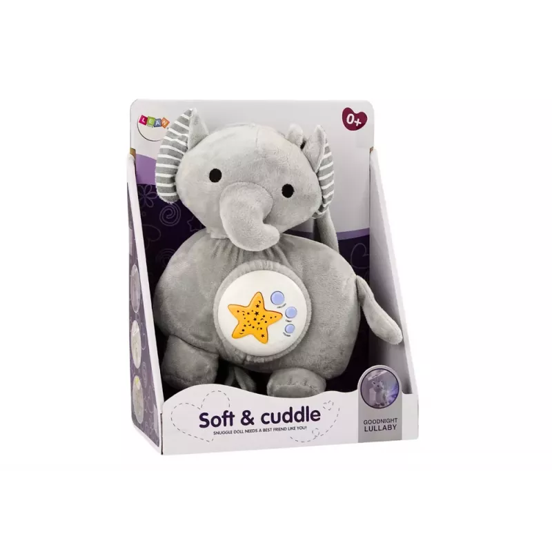 LEAN TOYS Pluszowy Słoń Projektor Śpiący Szary Przytulanka Gwiazdy Melodie