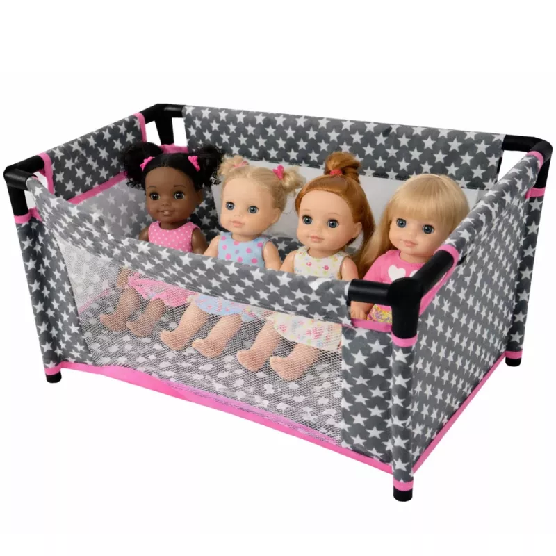 LEAN TOYS Łóżeczko dla lalek Alice z gwiazdkami, torbą, kocykiem, poduszką, szare i różowe