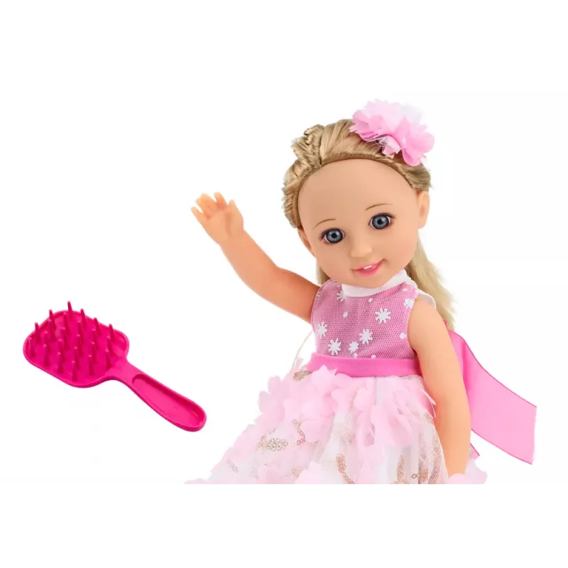 LEAN TOYS Lalka Różowa Sukienka Długie Włosy Wsuwki Szczotka 38cm