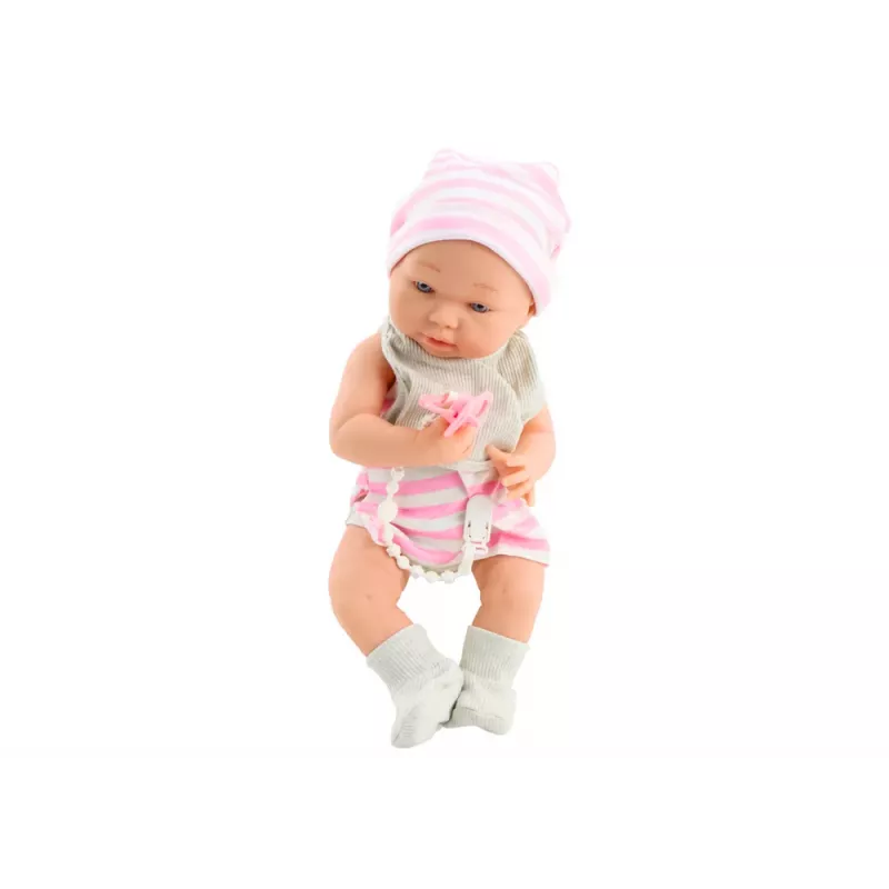 Lalka LEAN TOYS w białym i różowym ubranku, czapce, smoczku, śliniaku i kocyku