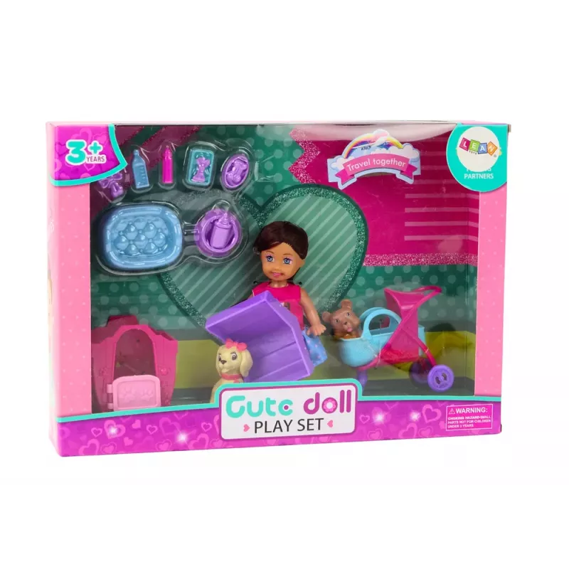 LEAN TOYS Lalka z psami, domek dla psa, akcesoria, różowy szczeniak, 16 szt.