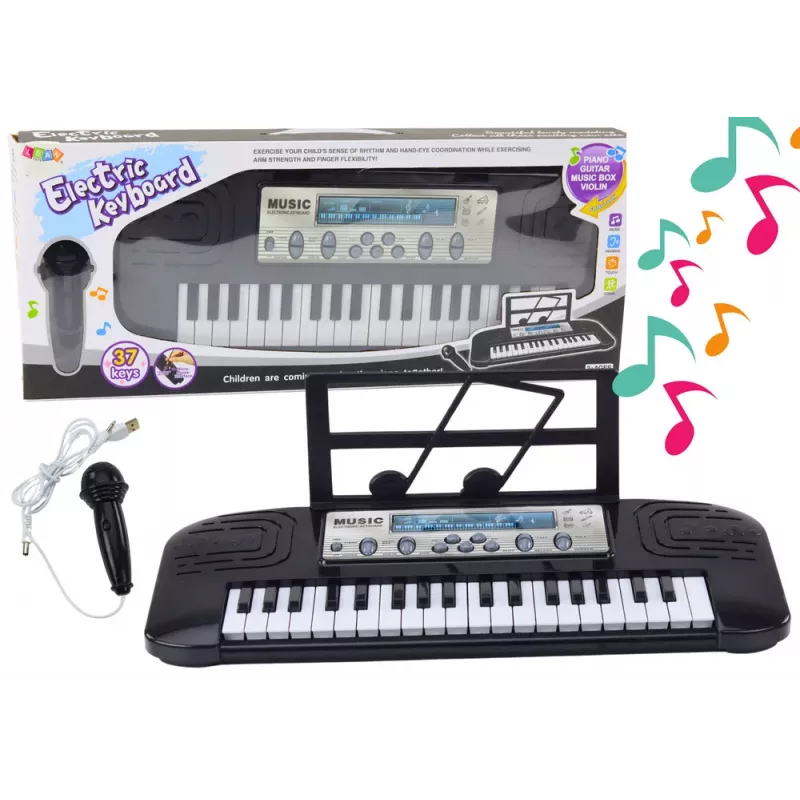 LEAN TOYS Pianino elektryczne dla dzieci z mikrofonem i stojakiem 37 klawiszy Melodie Czarny