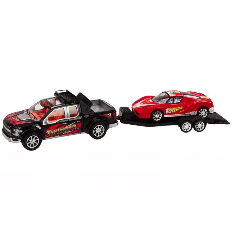 LEAN TOYS Zestaw Pickup z Lawetą, Naczepą, Samochodem Sportowym i Pojazdem Terenowym