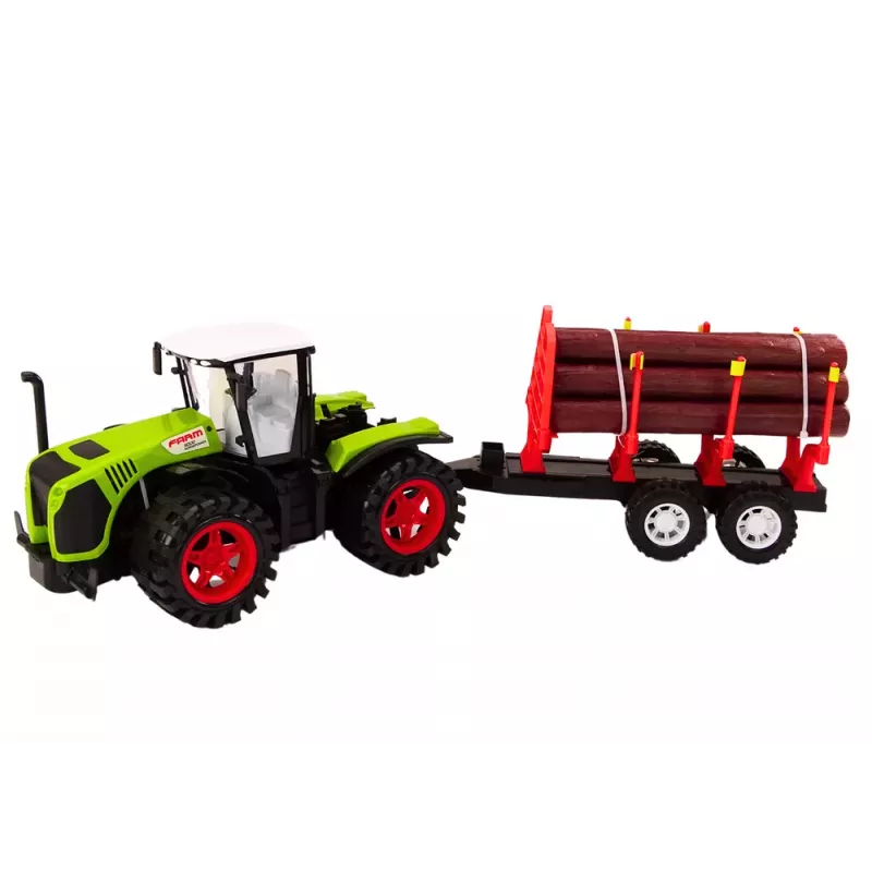 LEAN TOYS Ciągnik rolniczy z drewnianą przyczepą i 9 drzewkami Bali - Green Drive