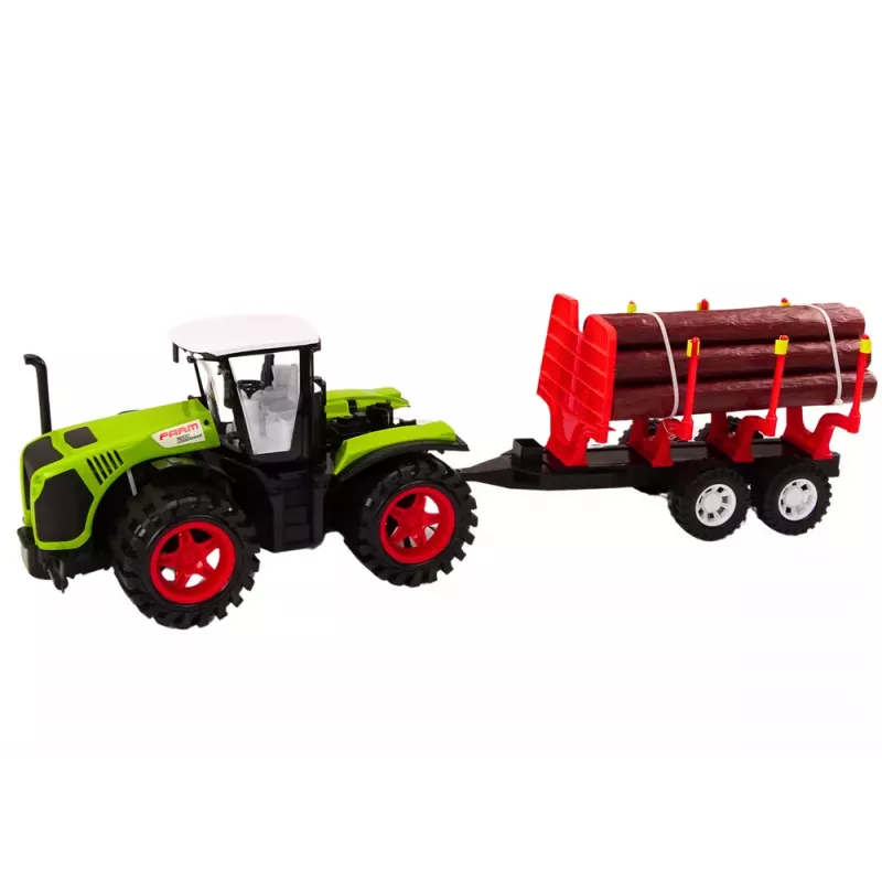LEAN TOYS Ciągnik rolniczy z drewnianą przyczepą i 9 drzewkami Bali - Green Drive