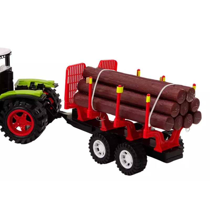 LEAN TOYS Ciągnik rolniczy z drewnianą przyczepą i 9 drzewkami Bali - Green Drive