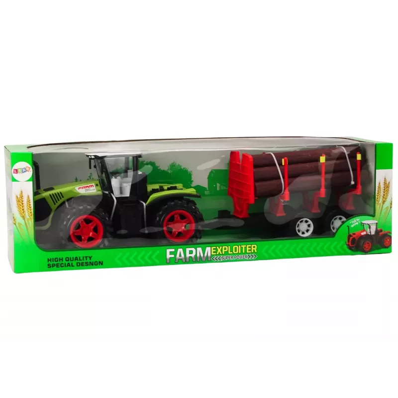 LEAN TOYS Ciągnik rolniczy z drewnianą przyczepą i 9 drzewkami Bali - Green Drive