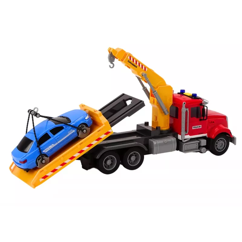 LEAN TOYS Laweta z dźwigiem z automatycznymi światłami i dźwiękami, napęd na auto, czerwona