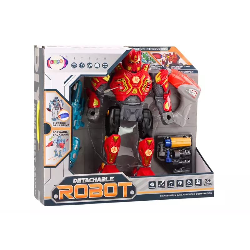 LEAN TOYS Robot Śrubka z Wiertarką i Śrubokrętem, Światło i Dźwięk, Czerwony