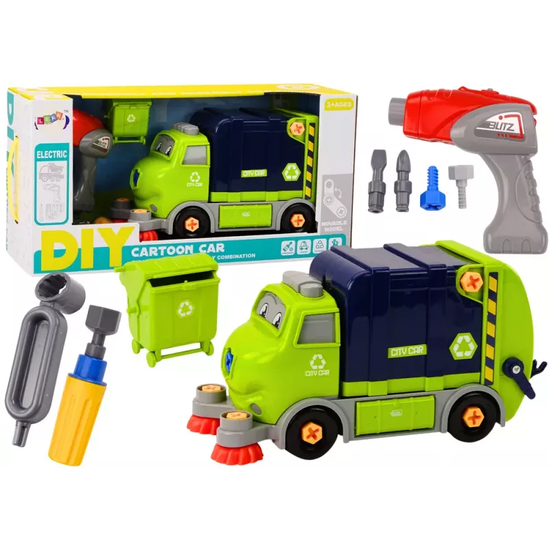 LEAN TOYS Śmieciarka Kreskówkowa Obrotowa Ruchoma DIY Granatowa