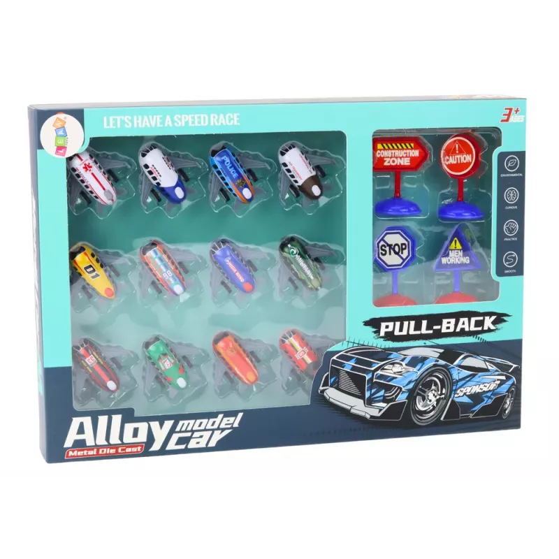 LEAN TOYS Zestaw 12 samochodzików, samolotów z napędem, znaków drogowych 5 cm