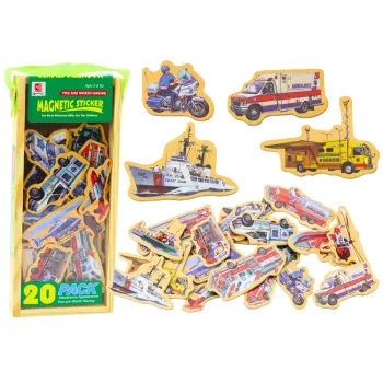 LEAN TOYS Zestaw drewnianych magnesów Pojazdy Statki Samoloty 20 sztuk