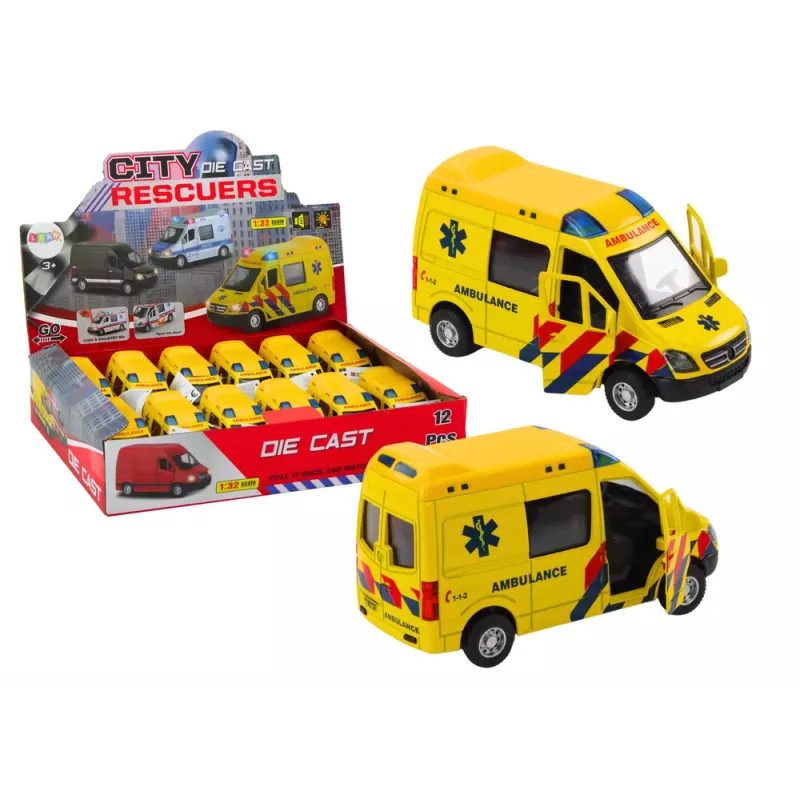 LEAN TOYS Ambulans 1:32 Otwierane Drzwi Światła Dźwięki Napęd Yellow
