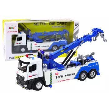 LEAN TOYS Ciężarówka z Żurawiem Dwa Metalowe Haki Biały i Niebieski Światła Dźwięki
