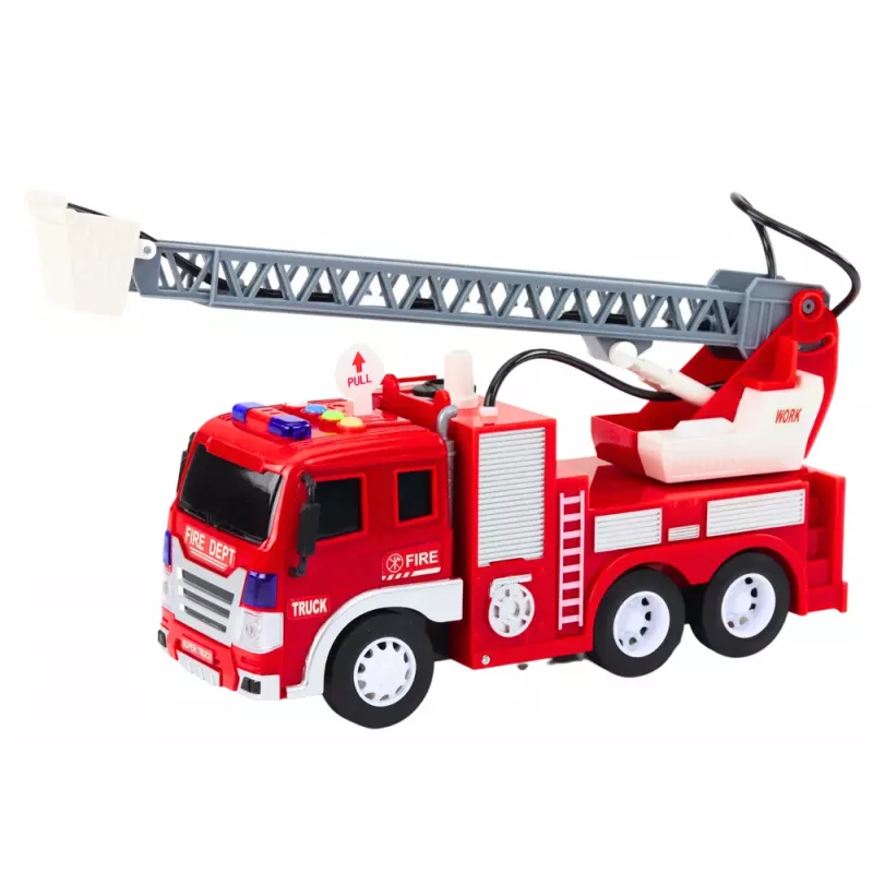 LEAN TOYS Wóz Strażacki z Wysięgnikiem 1:16 Światła Dźwięki Woda Napęd Czerwony