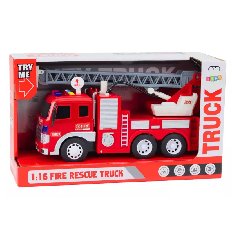 LEAN TOYS Wóz Strażacki z Wysięgnikiem 1:16 Światła Dźwięki Woda Napęd Czerwony