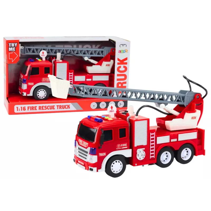 LEAN TOYS Wóz Strażacki z Wysięgnikiem 1:16 Światła Dźwięki Woda Napęd Czerwony