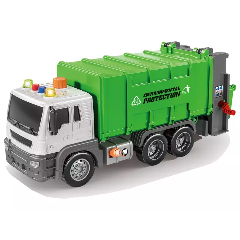 LEAN TOYS Śmieciarka z Napędem Ciernym, Efekty Dźwiękowe, Zielona, 1:16, Sortowanie