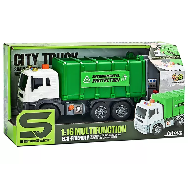 LEAN TOYS Śmieciarka z Napędem Ciernym, Efekty Dźwiękowe, Zielona, 1:16, Sortowanie