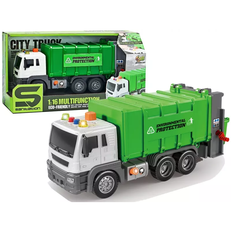 LEAN TOYS Śmieciarka z Napędem Ciernym, Efekty Dźwiękowe, Zielona, 1:16, Sortowanie