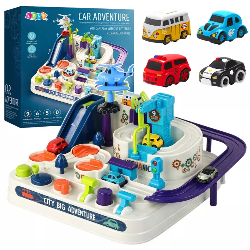 LEAN TOYS Tor przeszkód Interaktywny parking dla dzieci Cztery samochodziki