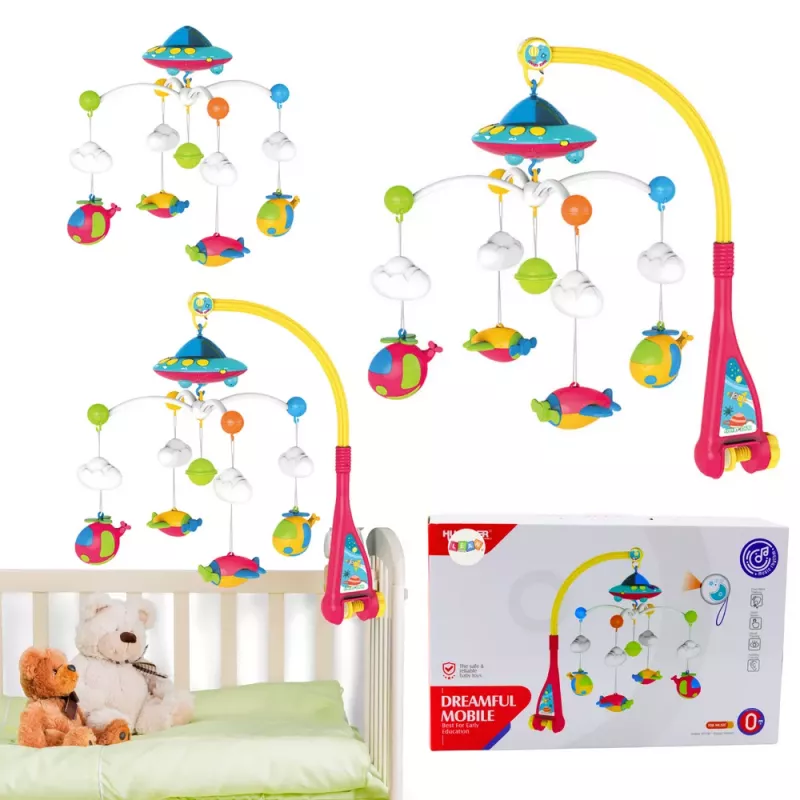LEAN TOYS Karuzela do łóżeczka dla niemowląt UFO Samoloty Projektor 108 Melodii