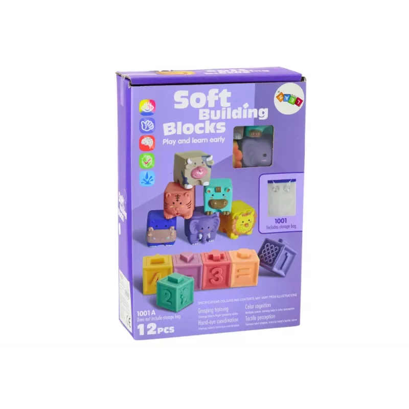 LEAN TOYS Miękkie Klocki Edukacyjne Zwierzęta Cyfry Litery Kolorowe 12 szt.