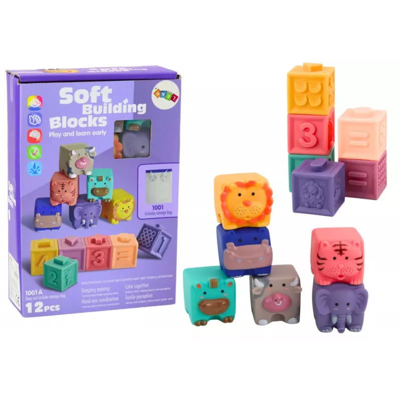 LEAN TOYS Miękkie Klocki Edukacyjne Zwierzęta Cyfry Litery Kolorowe 12 szt.