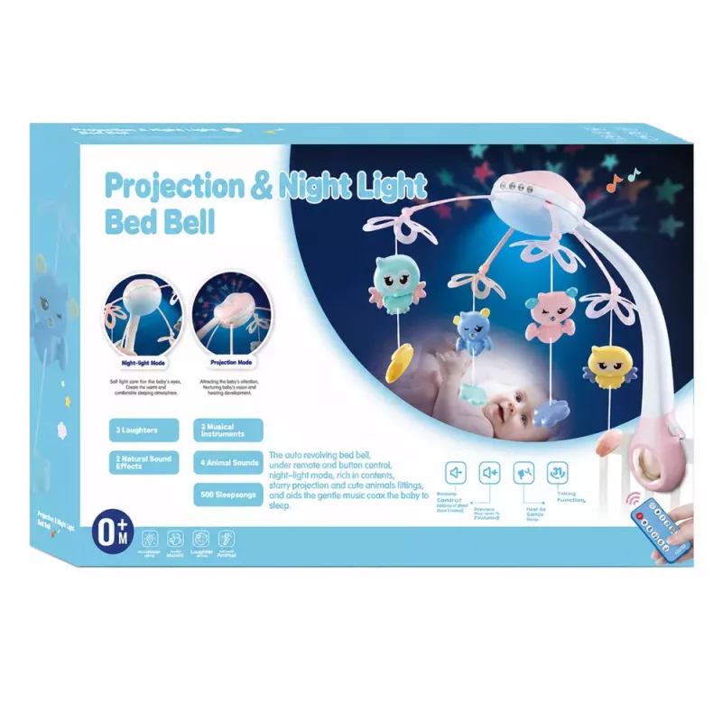 LEAN TOYS Karuzela do łóżeczka z projektorem, pilotem, melodiami i odgłosami zwierząt, niebieska
