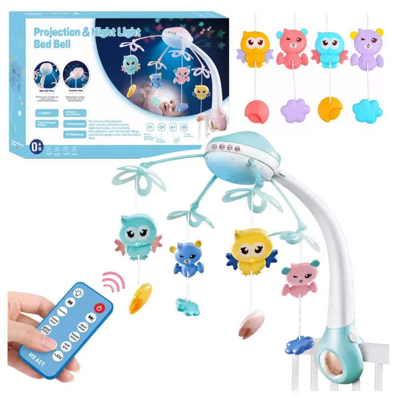 LEAN TOYS Karuzela do łóżeczka z projektorem, pilotem, melodiami i odgłosami zwierząt, niebieska