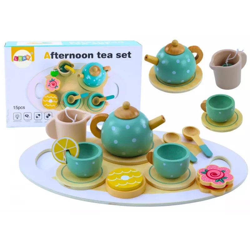 LEAN TOYS Zestaw do herbaty i kawy dla dzieci Drewniany 15 elementów