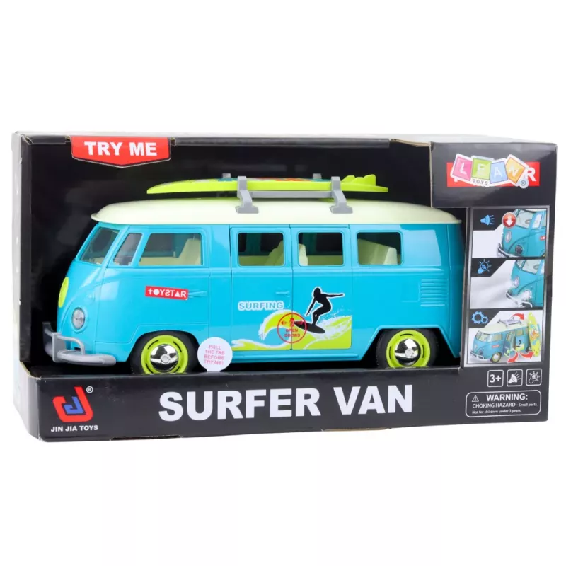 LEAN TOYS Car Surfer Van Bus z deską surfingową, światłami i dźwiękami, turkusowy