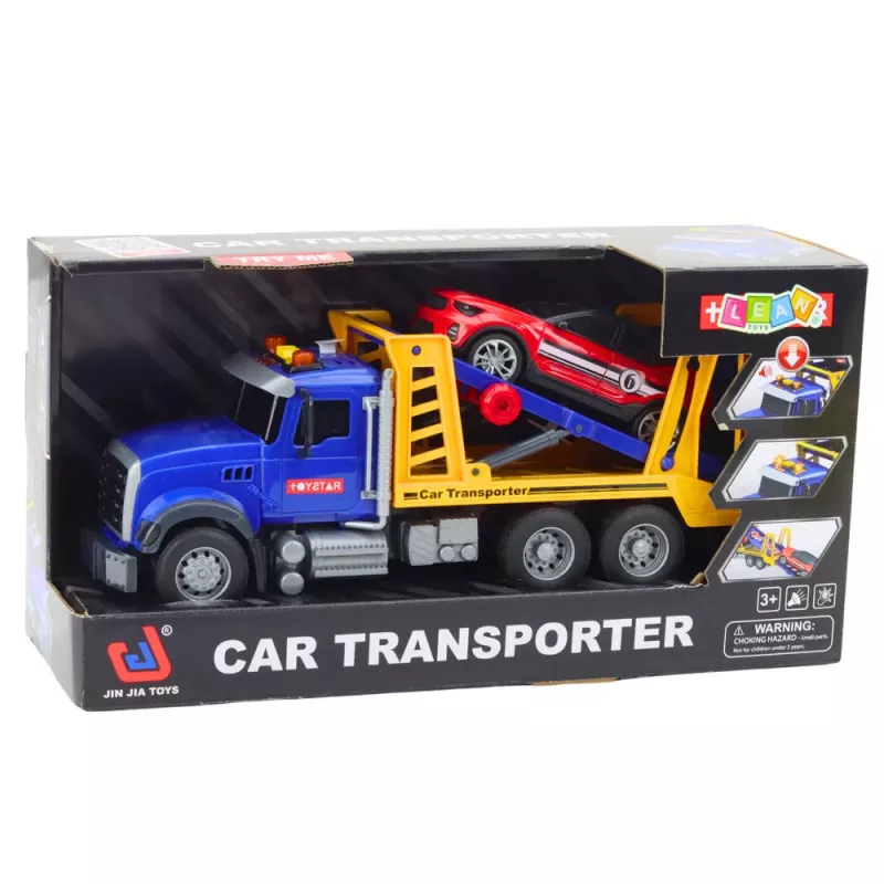 LEAN TOYS Zestaw ciężarówka do przewozu samochodów z dźwiękami i światłami, 4 autka