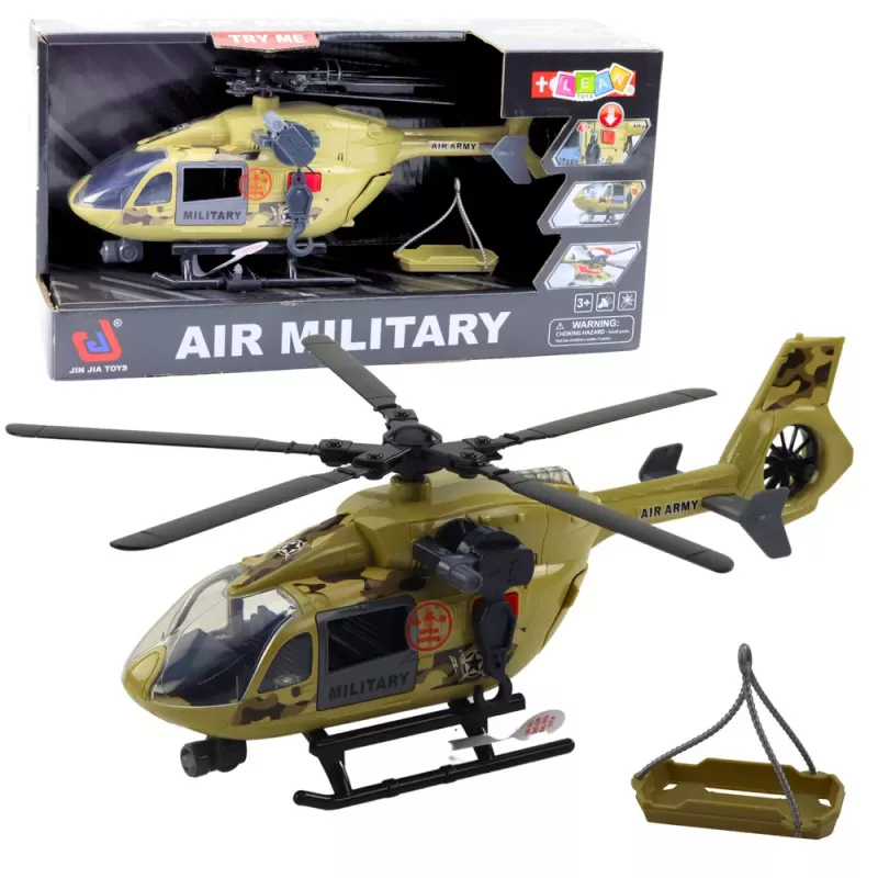 LEAN TOYS Śmigłowiec Wojskowy z Hakiem i Noszami - Światła i Dźwięki - Skala 1:14