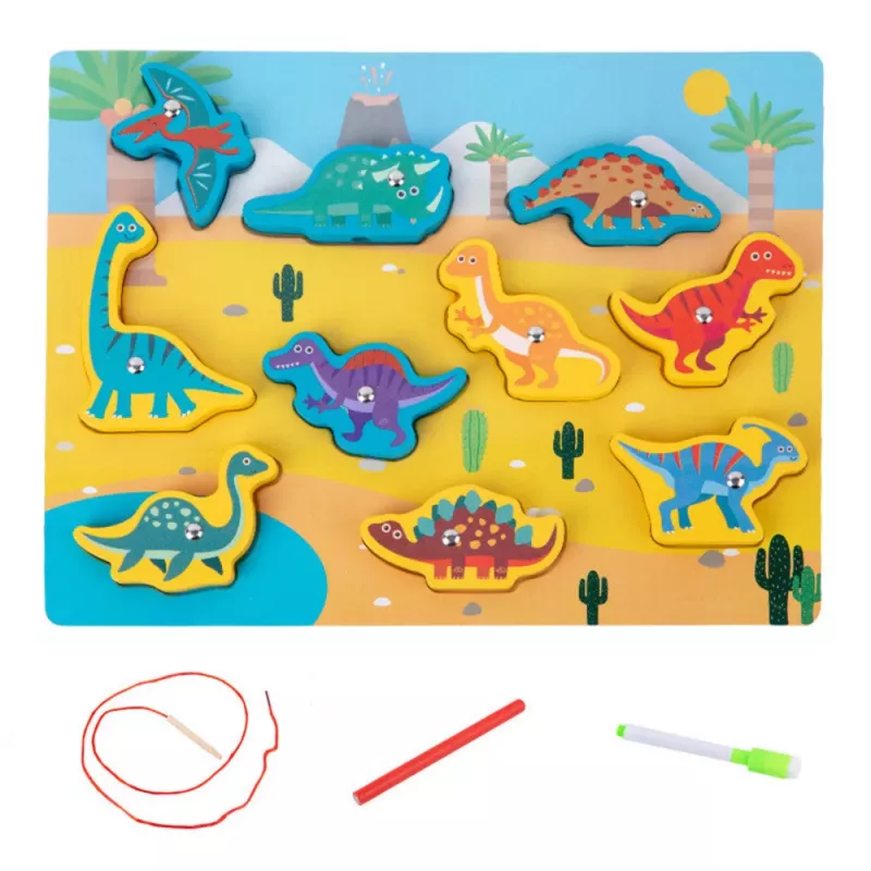 LEAN TOYS Drewniana Układanka Magnesy Przeplatanie Sznurkiem Dinozaury