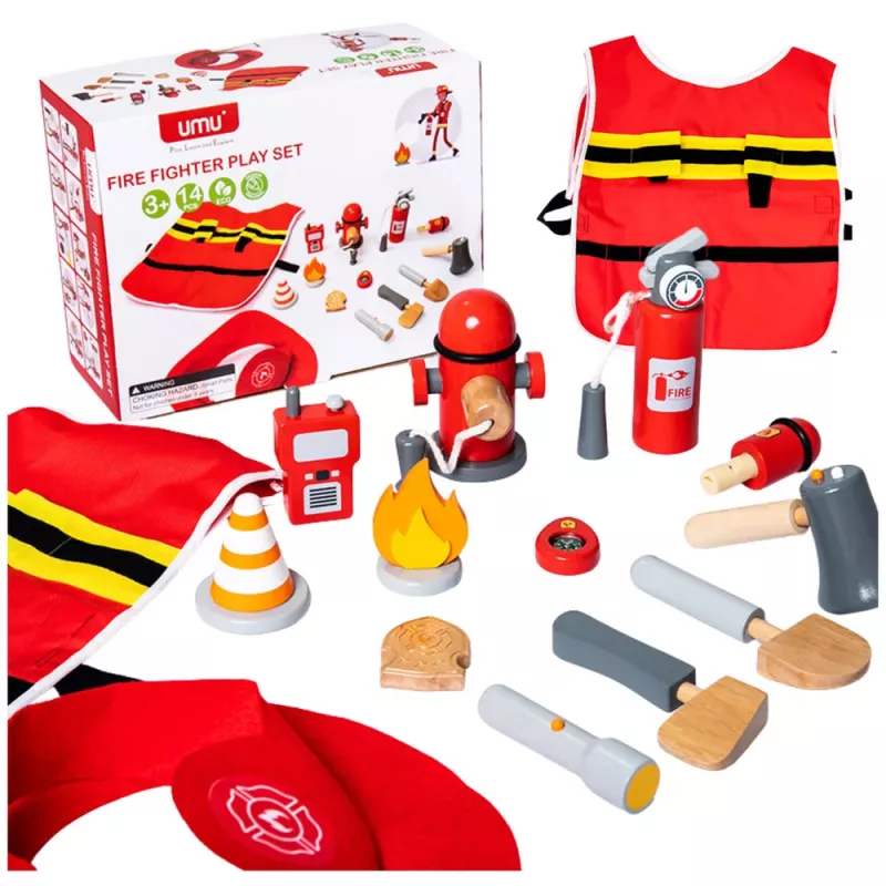 LEAN TOYS Zestaw Strażaka Akcesoria Strażackie Drewno 14 El
