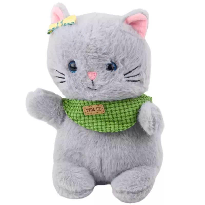 LEAN TOYS Pluszowa Maskotka Przytulanka Kot Szary Zielony Szalik Kokarda 22cm